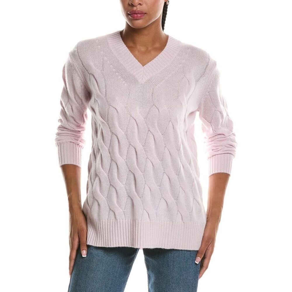 Forte Cashmere Womens Long Cable V-Neck 100% Cashmere Sweater, Pink